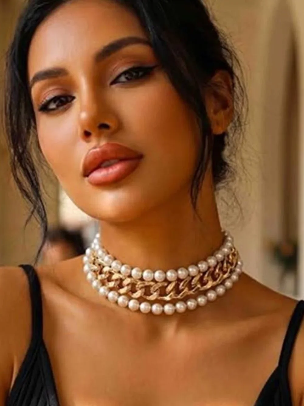Gold Tone Cuban Link Choker Faux Pearl Boho Statement Necklace for Women